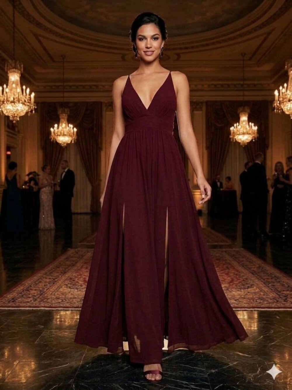 Windsor Deep Burgundy Plunging V-Neck Double High Slit Maxi Dress M